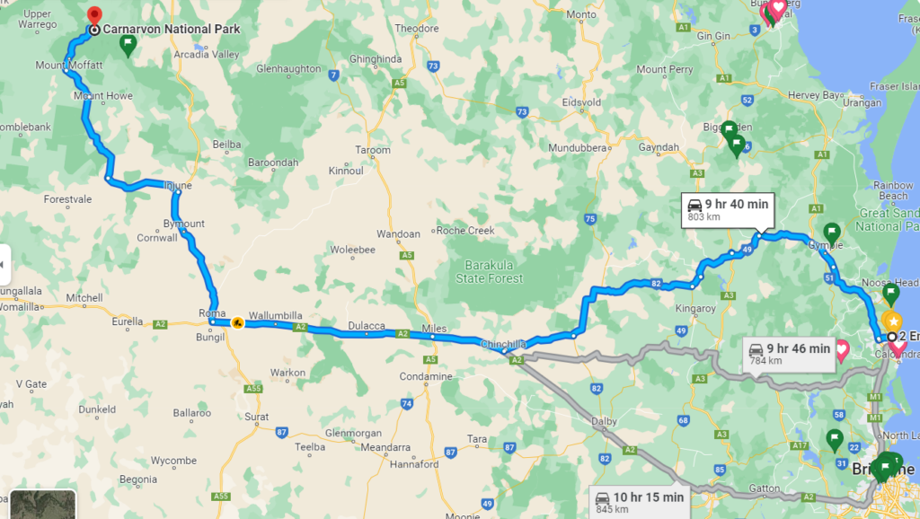 Map of road from Sunshine Coast to Carnarvon National Park