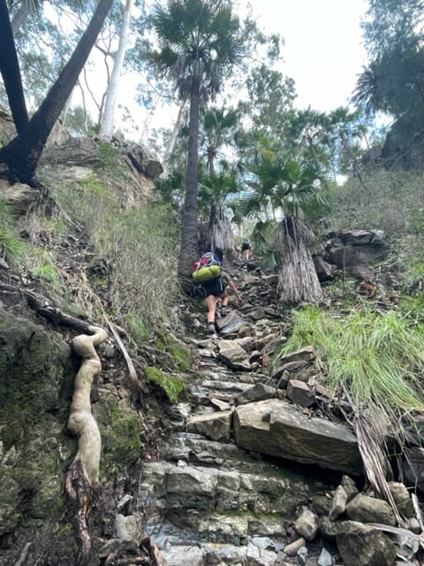 A photo of Hannah climbing a steep hill with uneven rocks and vegetation.